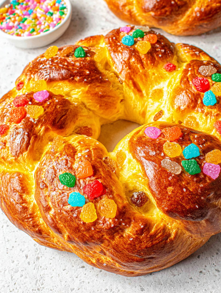 A colorful pastry with candies on top.