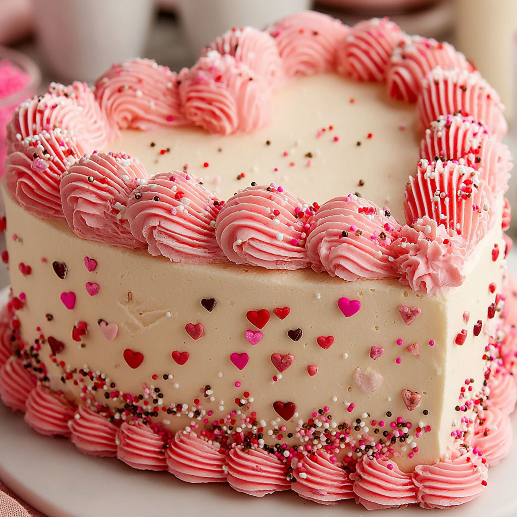 A heart-shaped cake with pink frosting and red velvet.