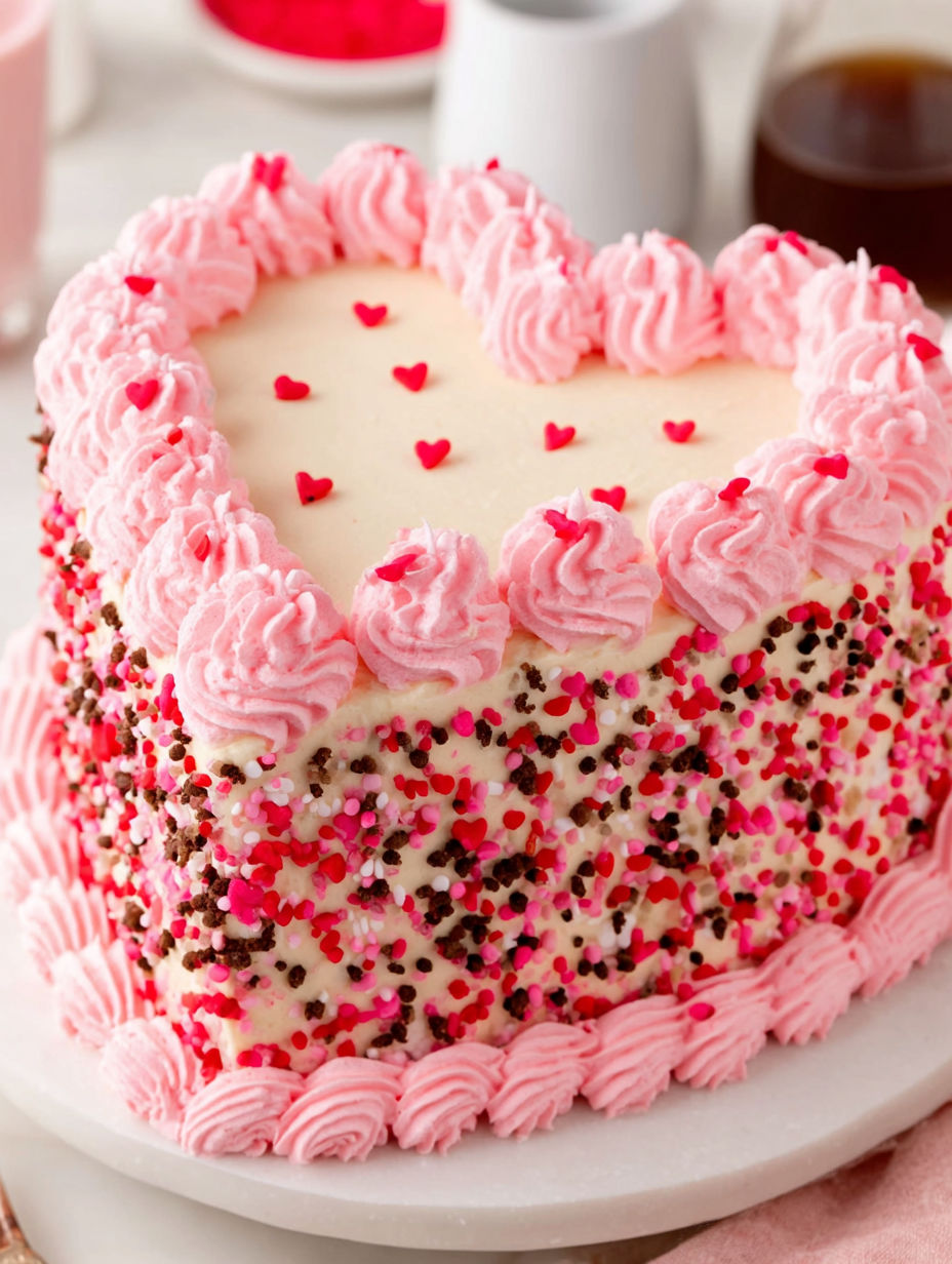 A heart-shaped red velvet cake with pink frosting.