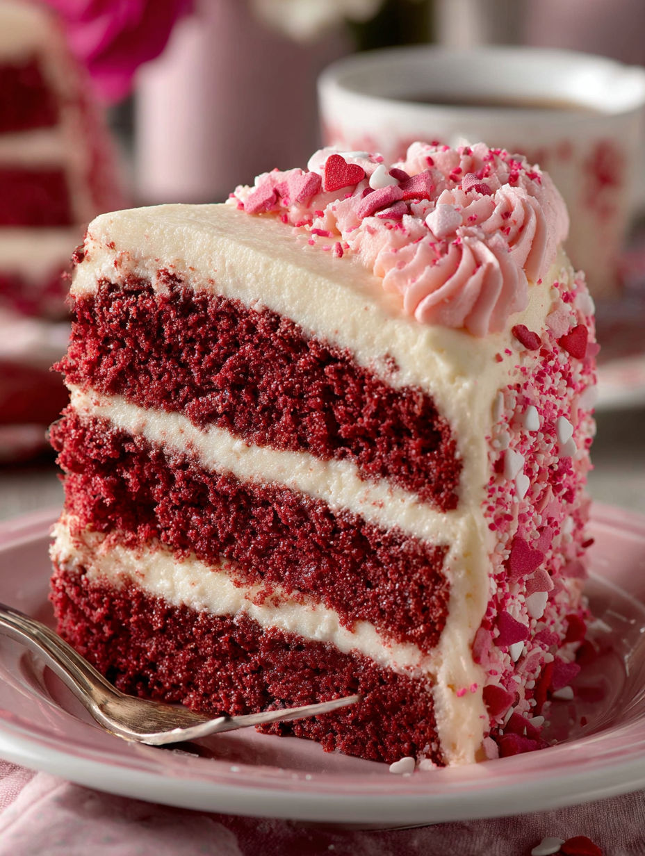 A slice of red velvet cake with white frosting and pink hearts.