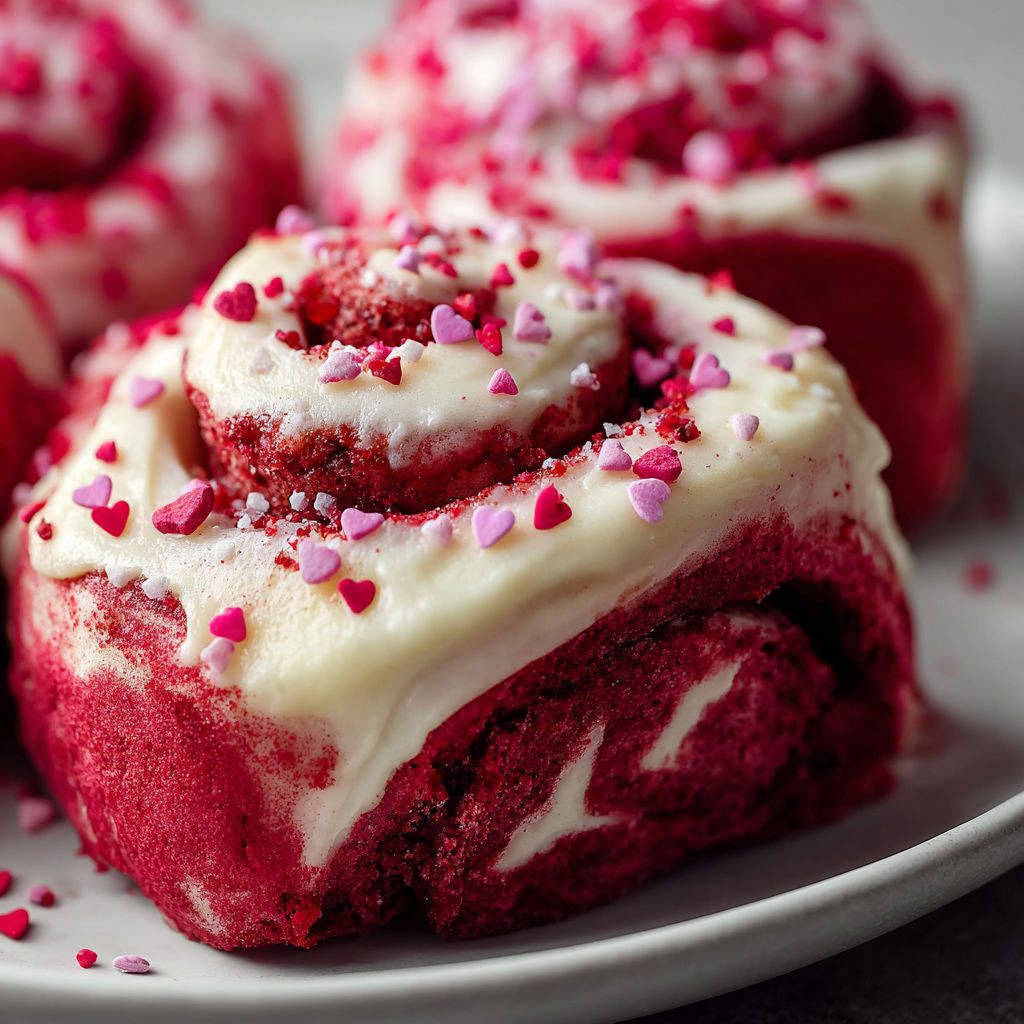 Red velvet cinnamon rolls with pink sprinkles.