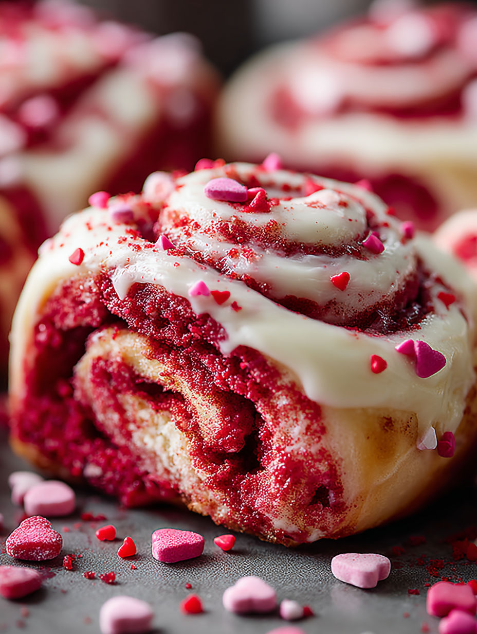 A close up of a red velvet cinnamon roll.