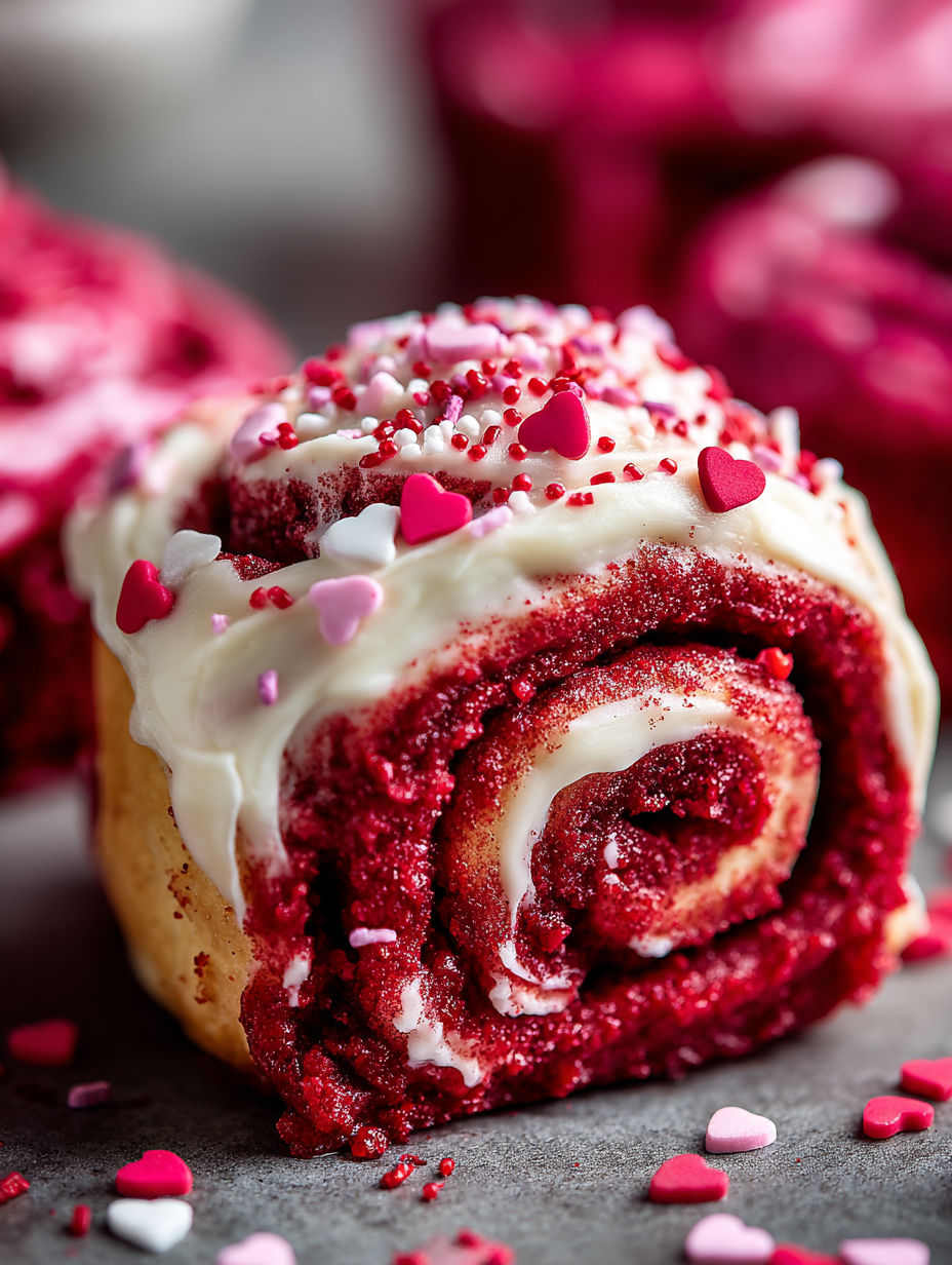 Red velvet cinnamon rolls with hearts on them.