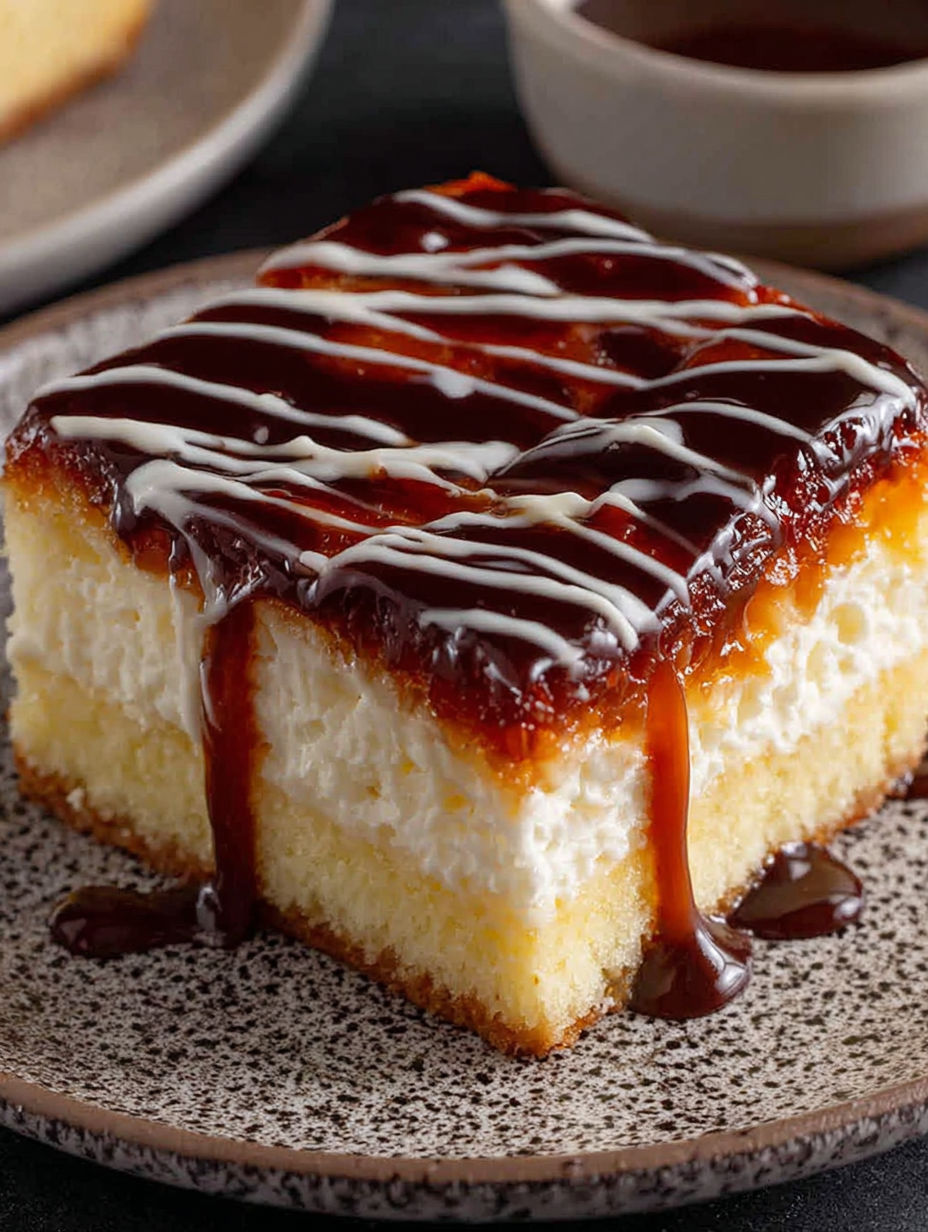 A slice of cake with chocolate drizzled on top.