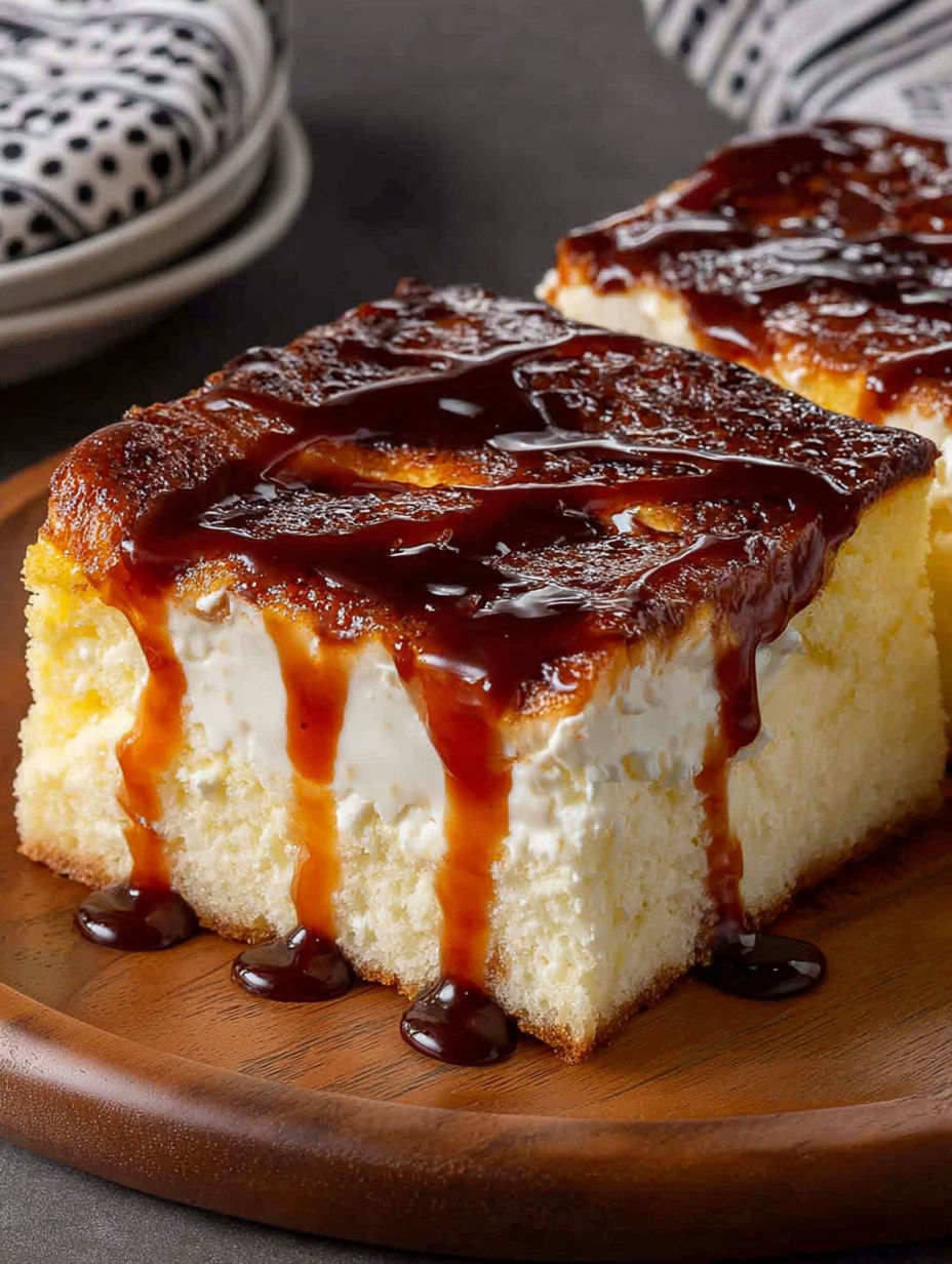 A slice of cake with chocolate sauce on it.