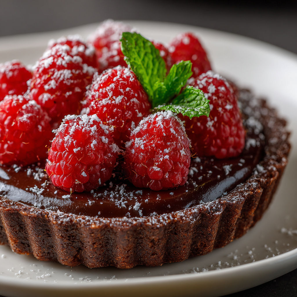 A close up of a dark chocolate raspberry tart.