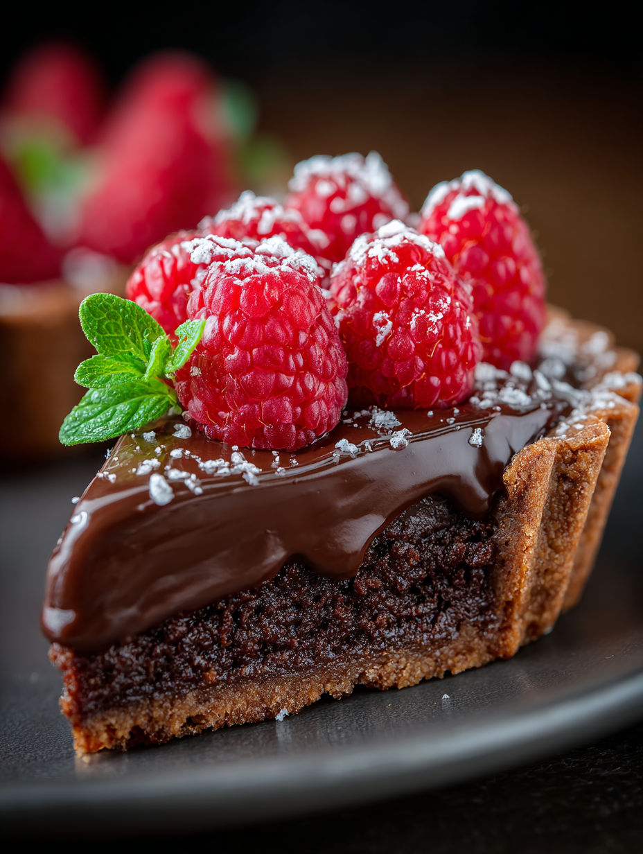A slice of chocolate raspberry tart.
