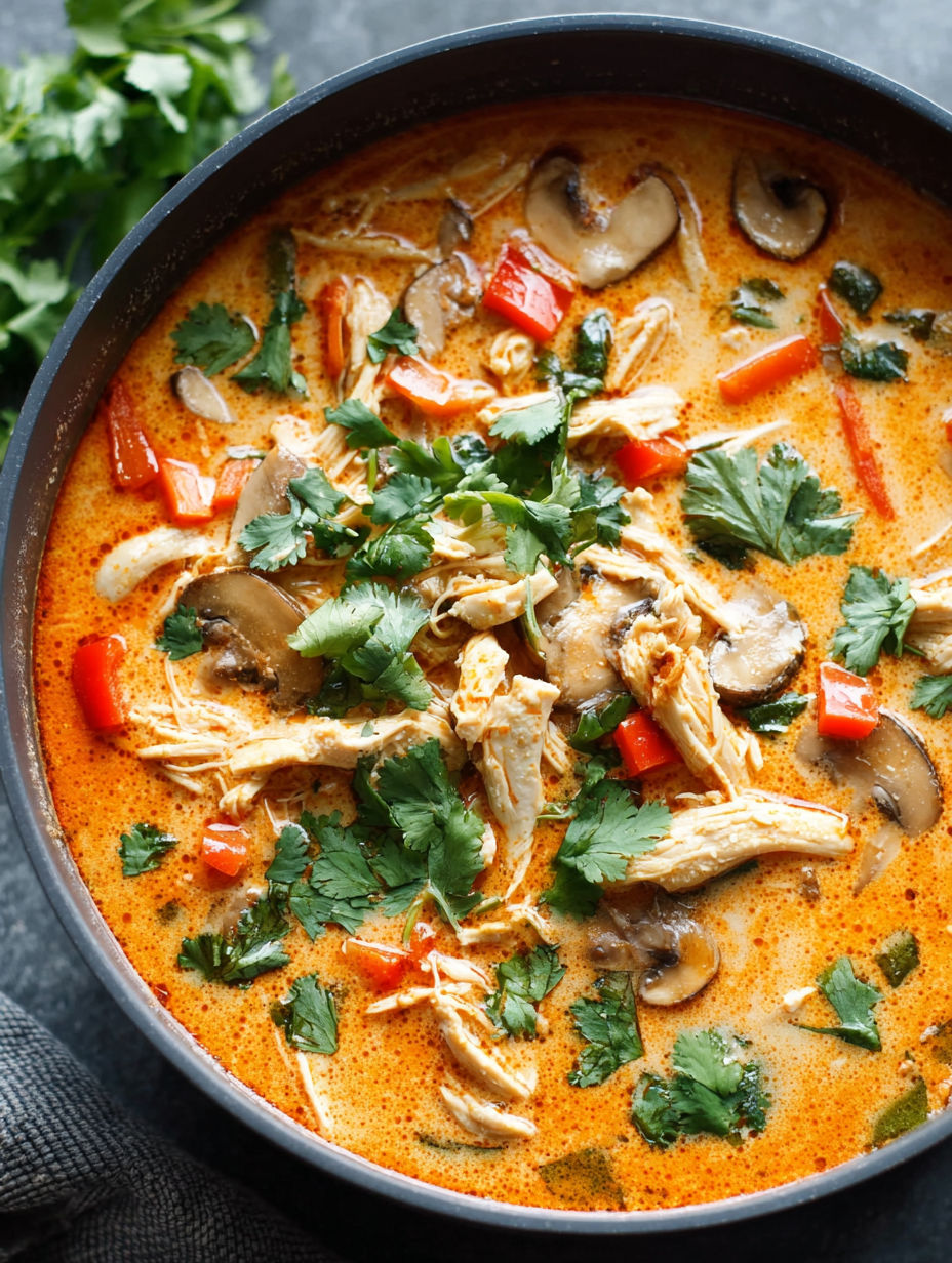 A bowl of soup with chicken and mushrooms.