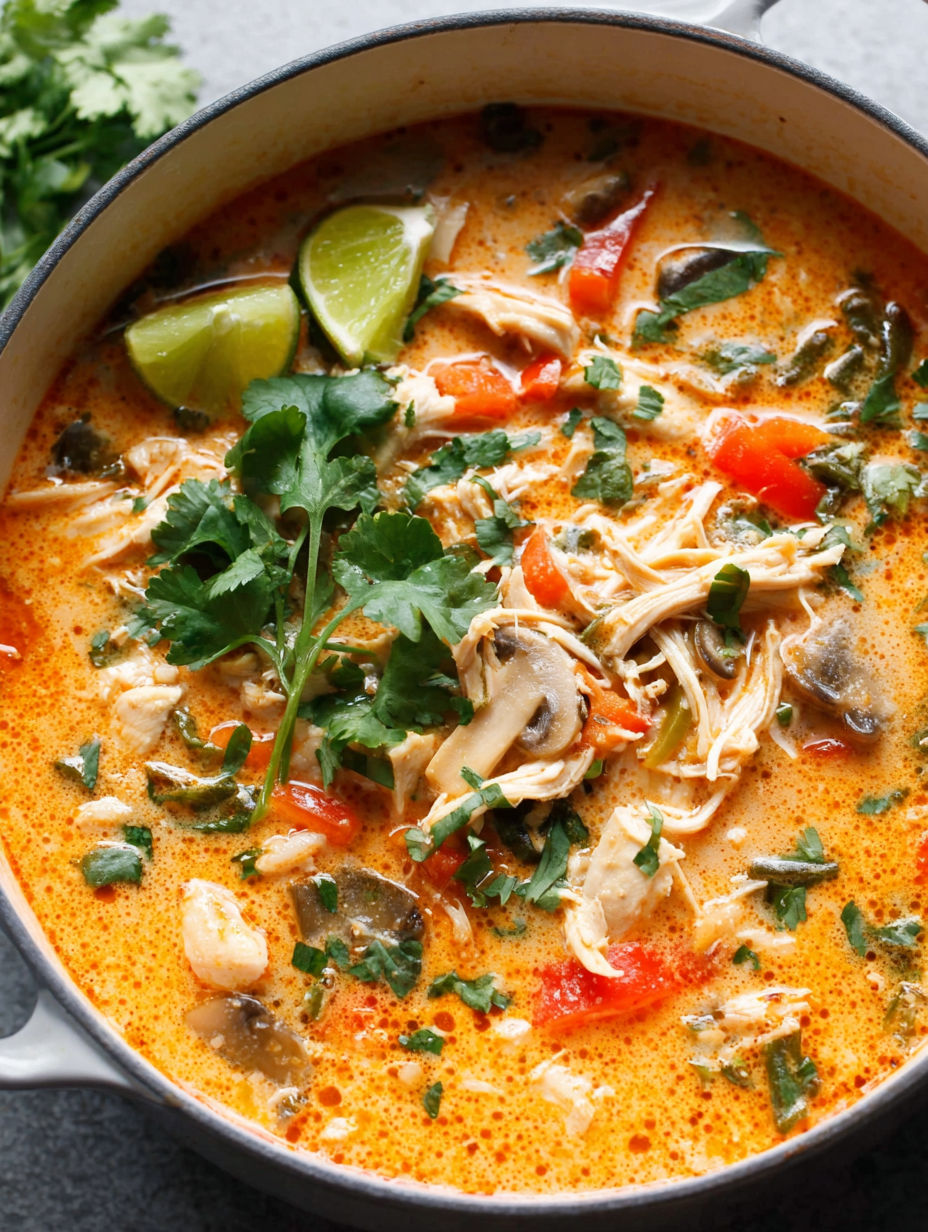 A bowl of soup with chicken and vegetables.