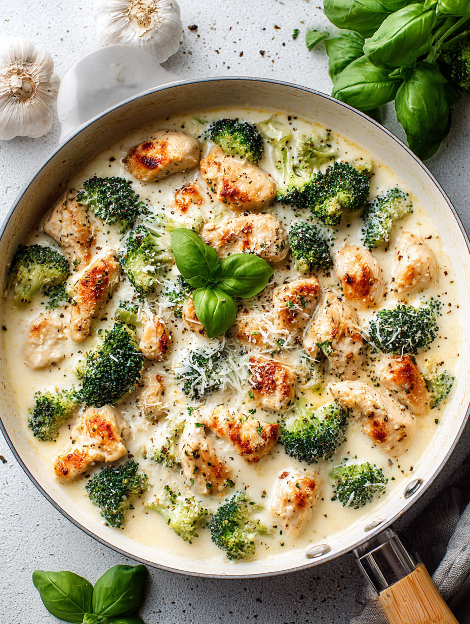 A dish of chicken and broccoli with cheese.