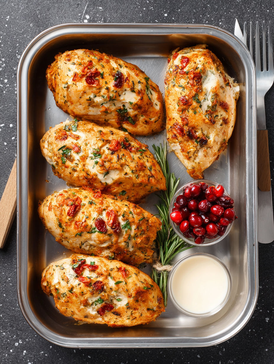 A pan of stuffed chicken breasts with a side of sauce.
