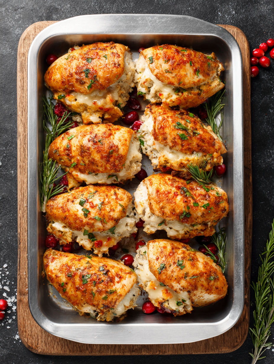 A pan of stuffed chicken breasts.