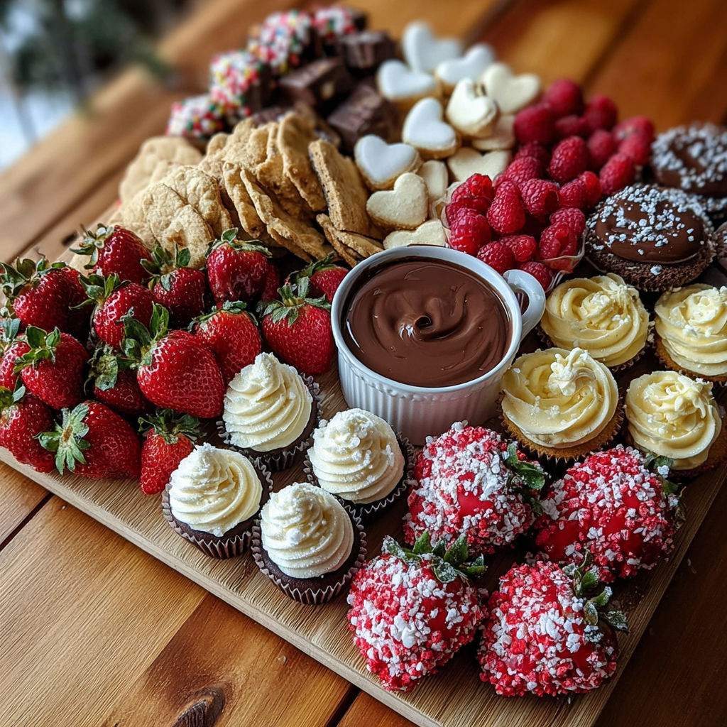 A dessert board with various treats and a white bowl of chocolate.