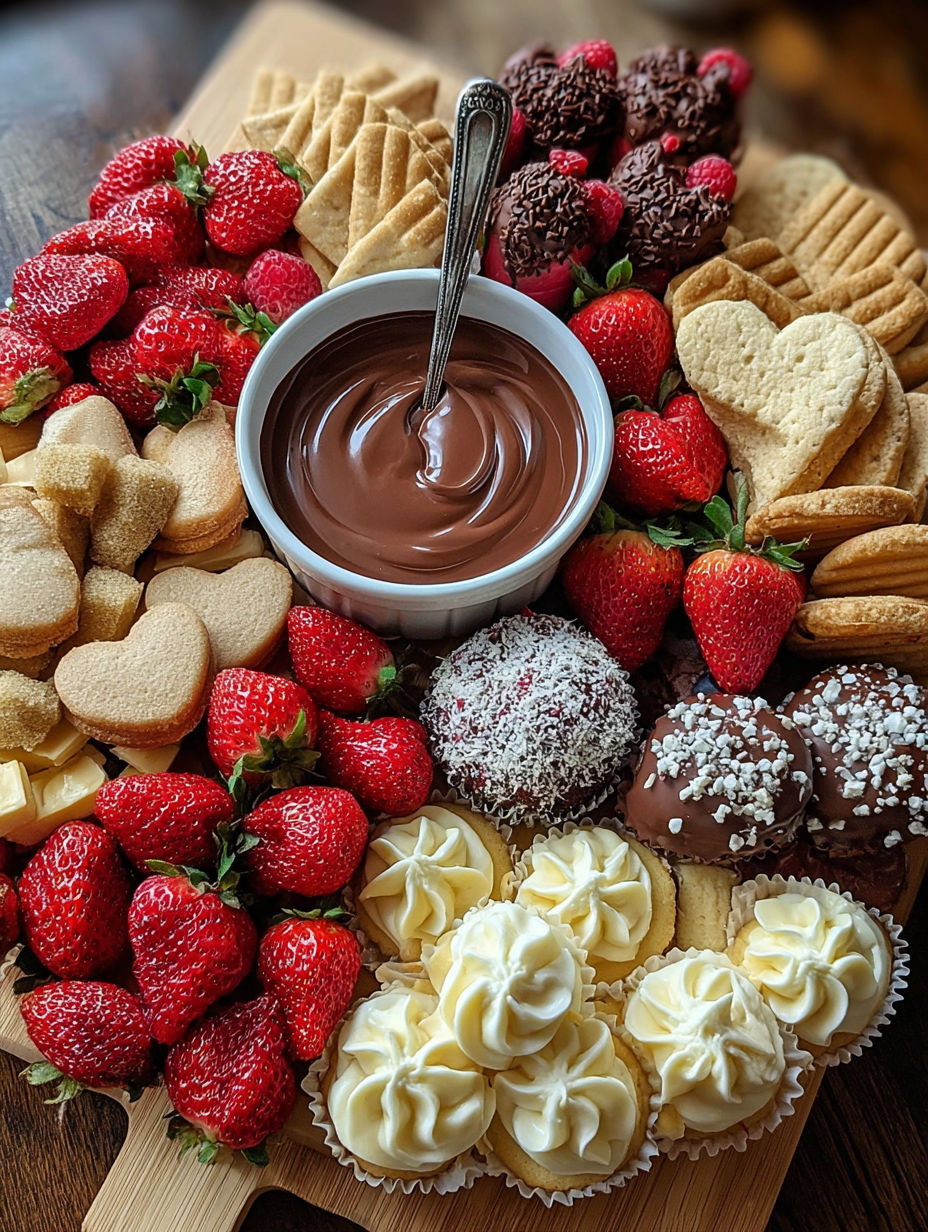 A dessert board with chocolate and strawberries.