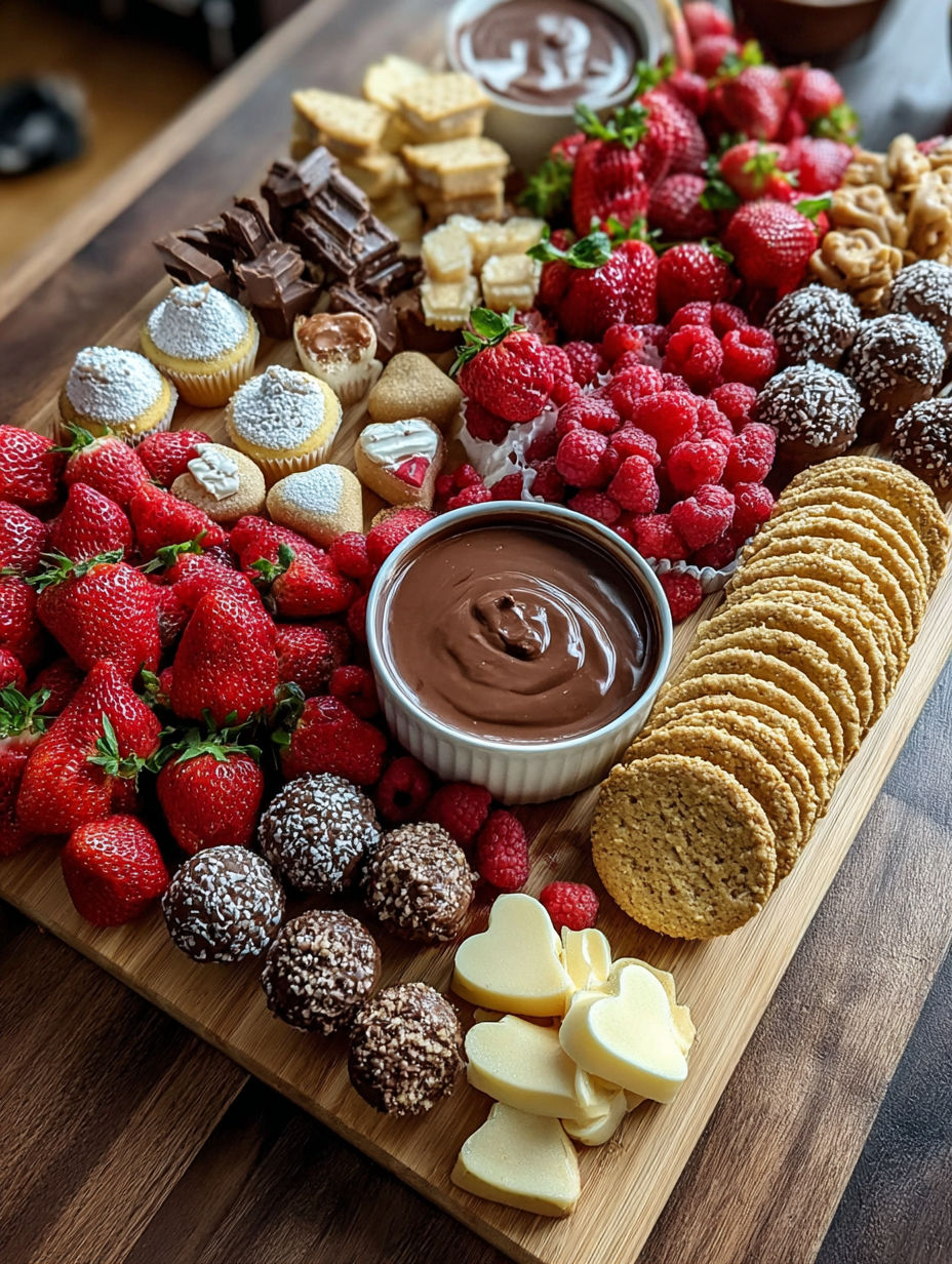 A dessert board with chocolate and strawberries.
