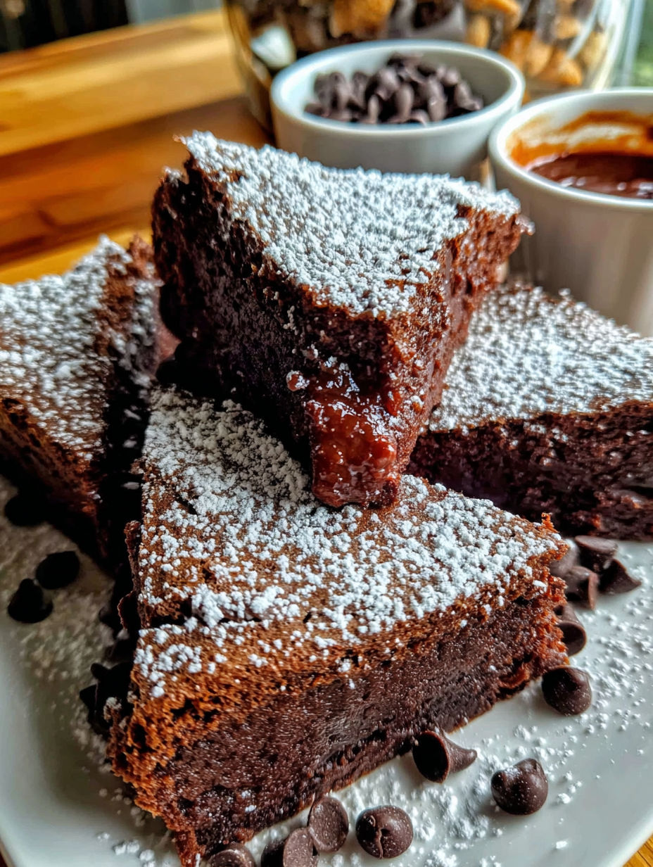 A plate of chocolate cake with powdered sugar.