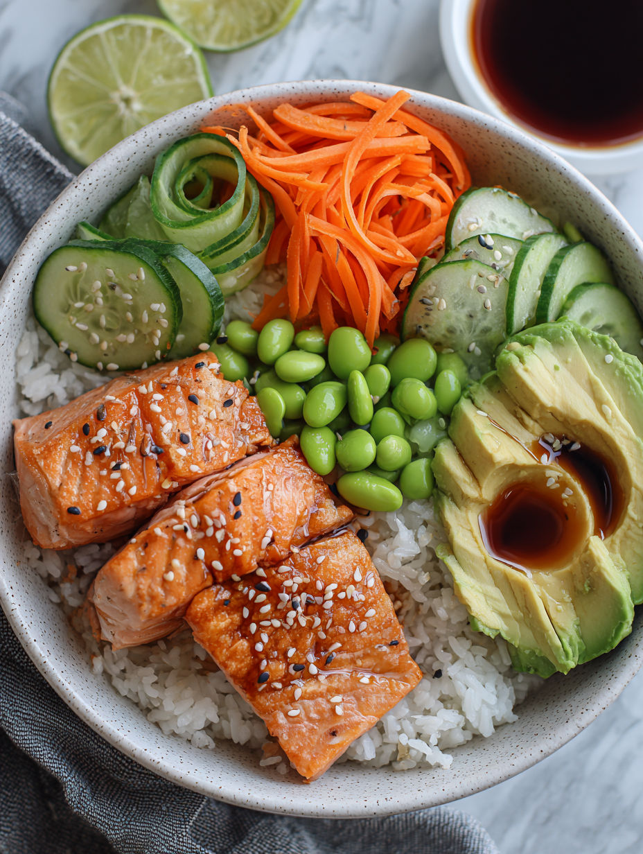 A bowl of rice with salmon and vegetables.