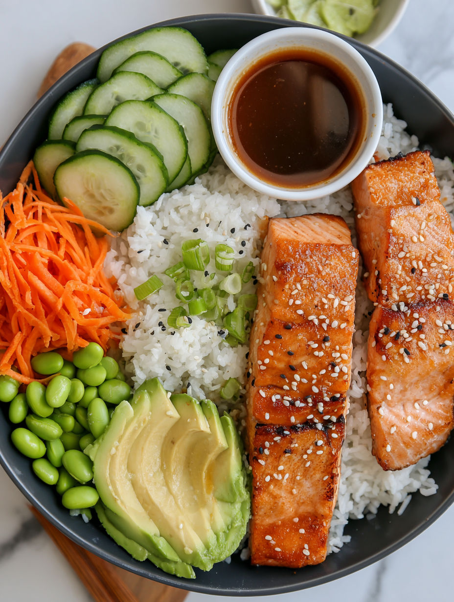 A bowl of food with rice, salmon, and vegetables.