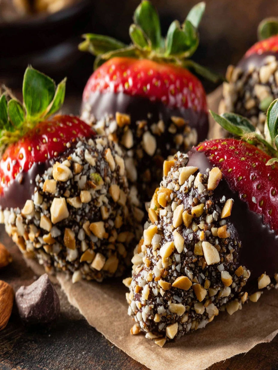 Chocolate strawberries rolled in crushed nuts.