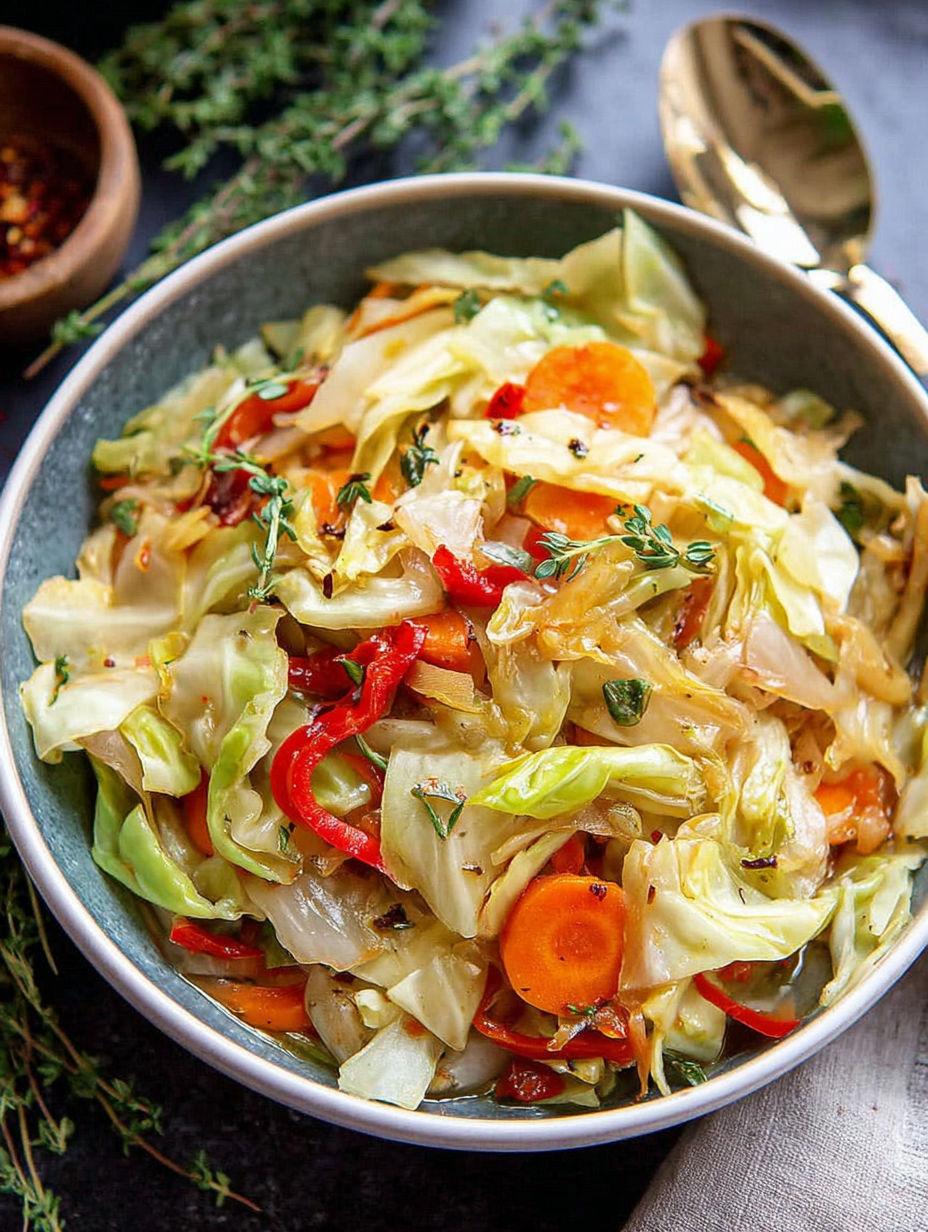 A bowl of cabbage with red peppers and carrots.