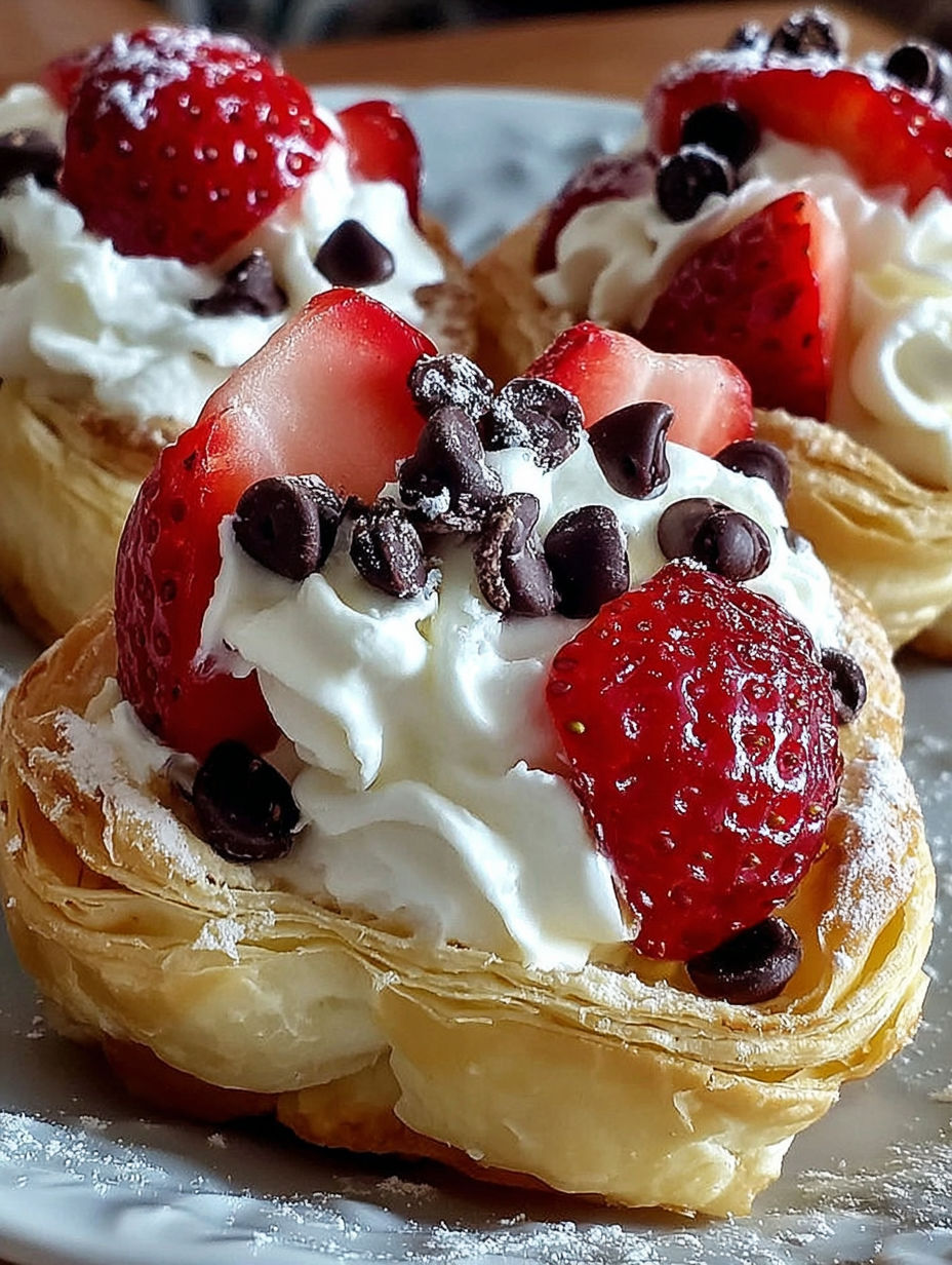 A pastry with strawberries and whipped cream.