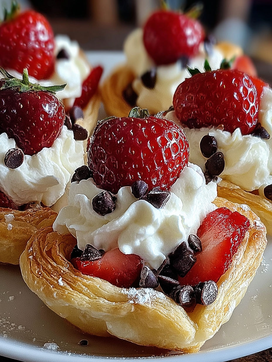 A plate of desserts with strawberries and whipped cream.