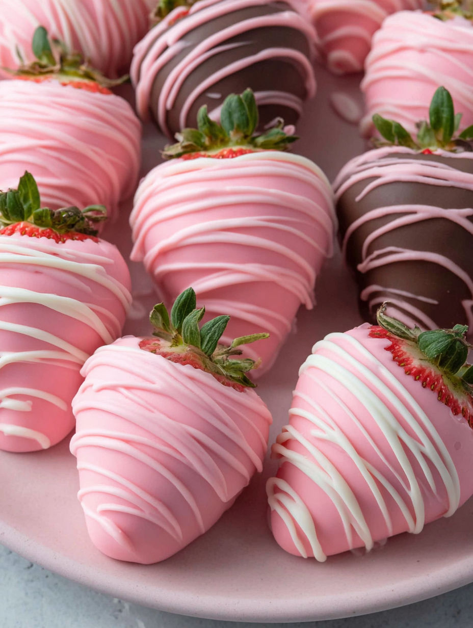 Pink and white chocolate covered strawberries.