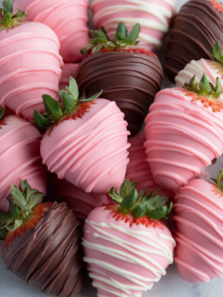 A pink dessert with strawberries and chocolate.