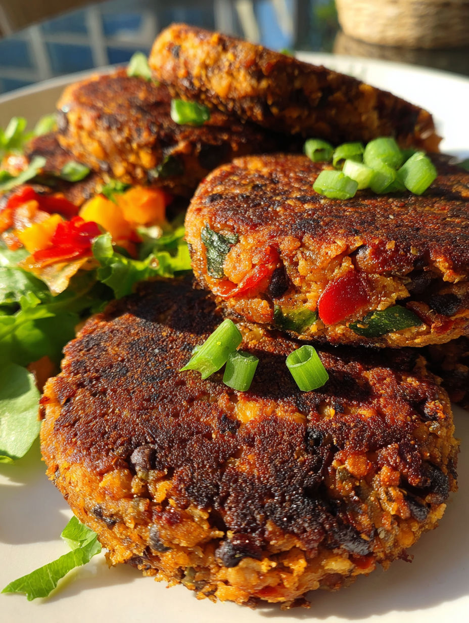A plate of black bean burgers with green onions on top.