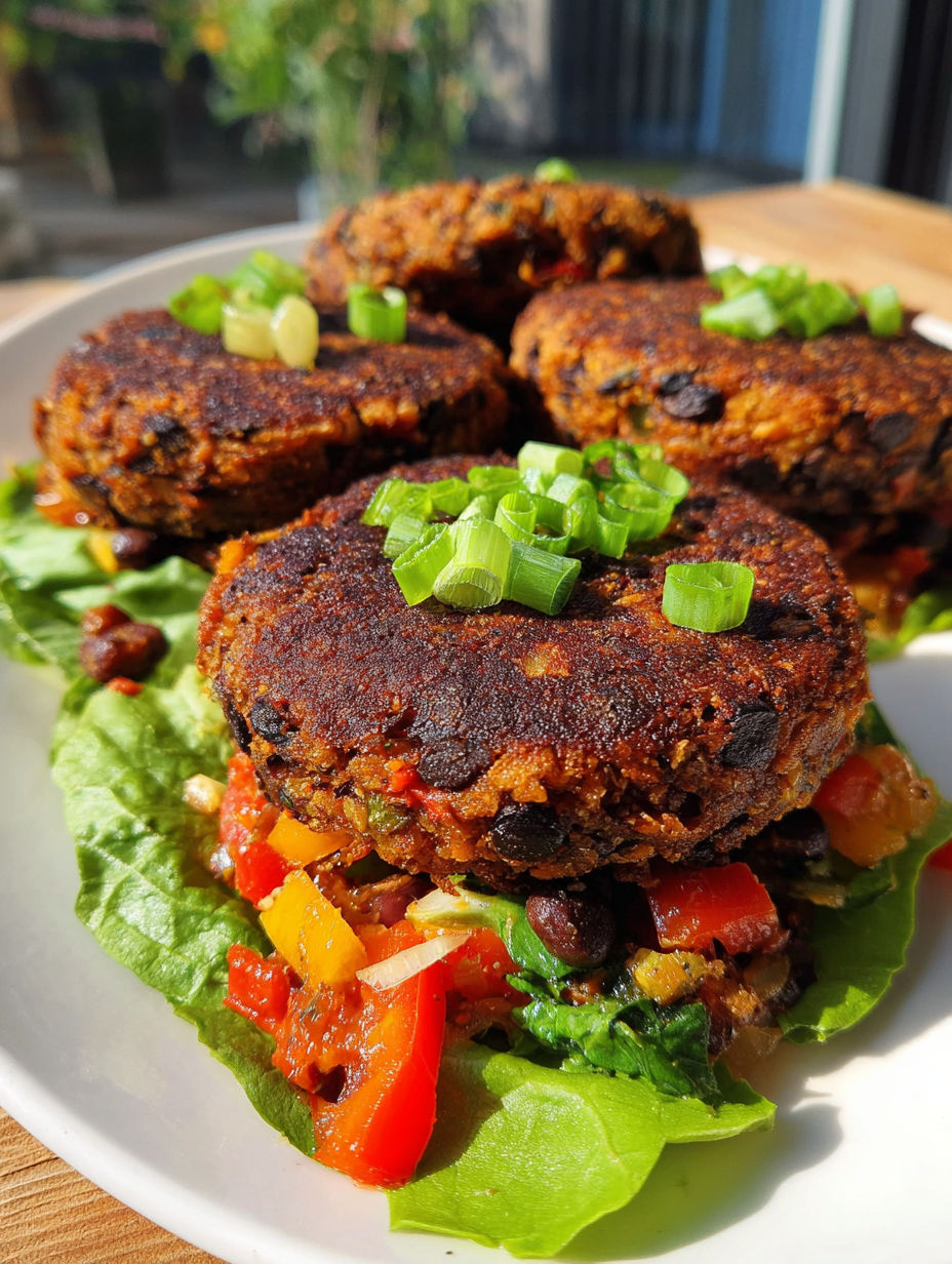 A plate of black bean burgers with green onions on top.