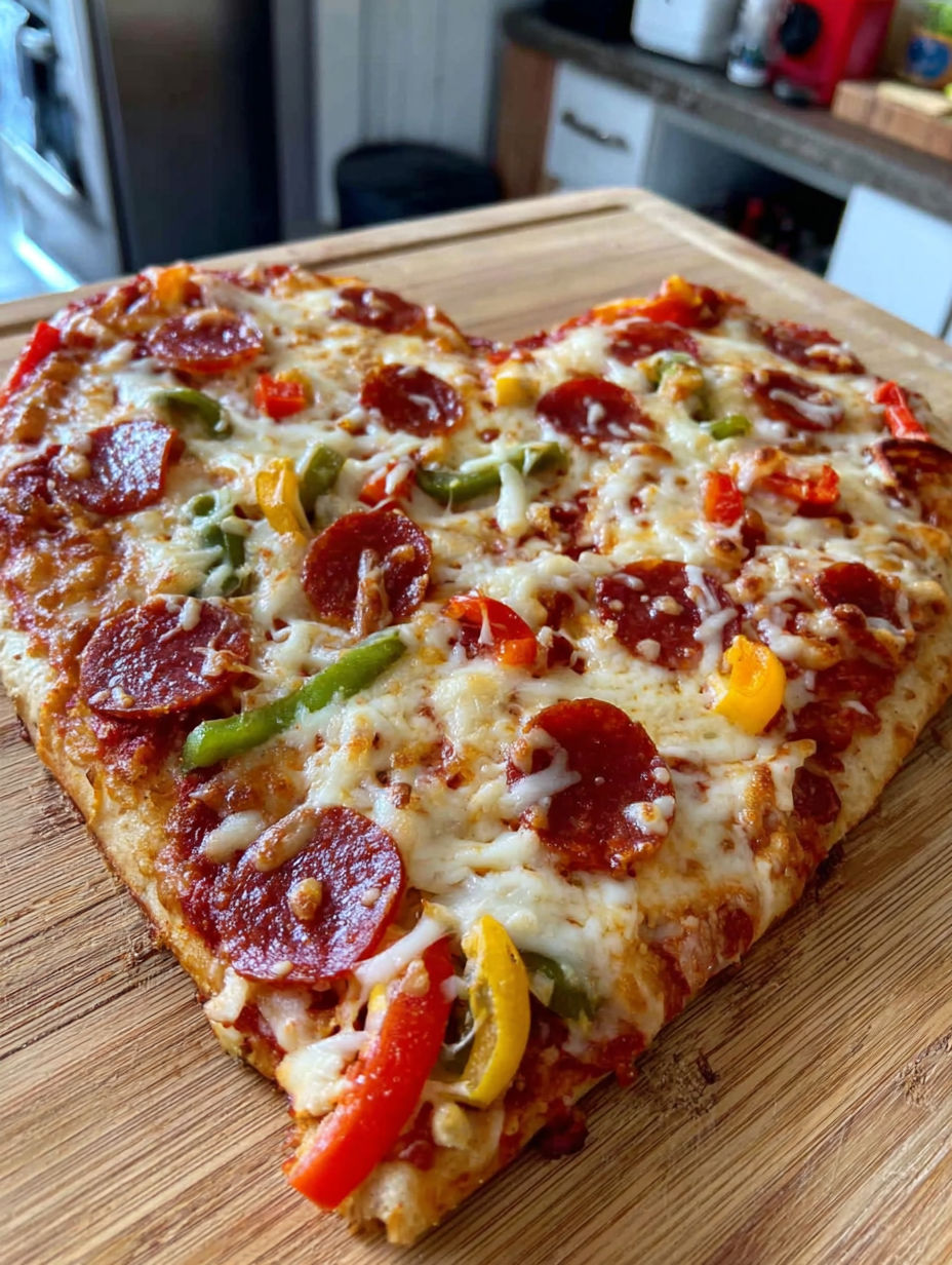 A heart shaped pizza with pepperoni and vegetables.