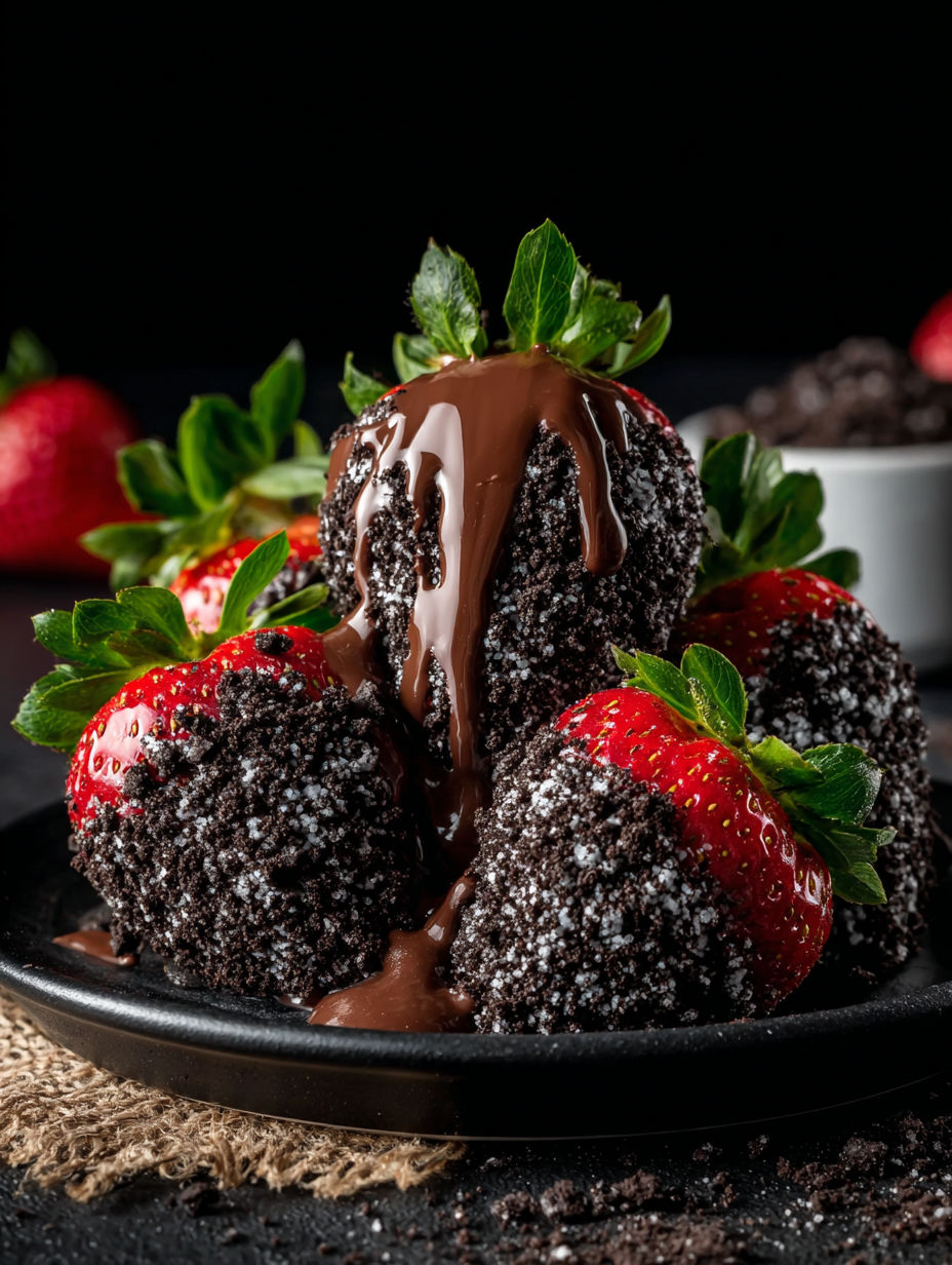 A plate of strawberries with chocolate drizzled on top.
