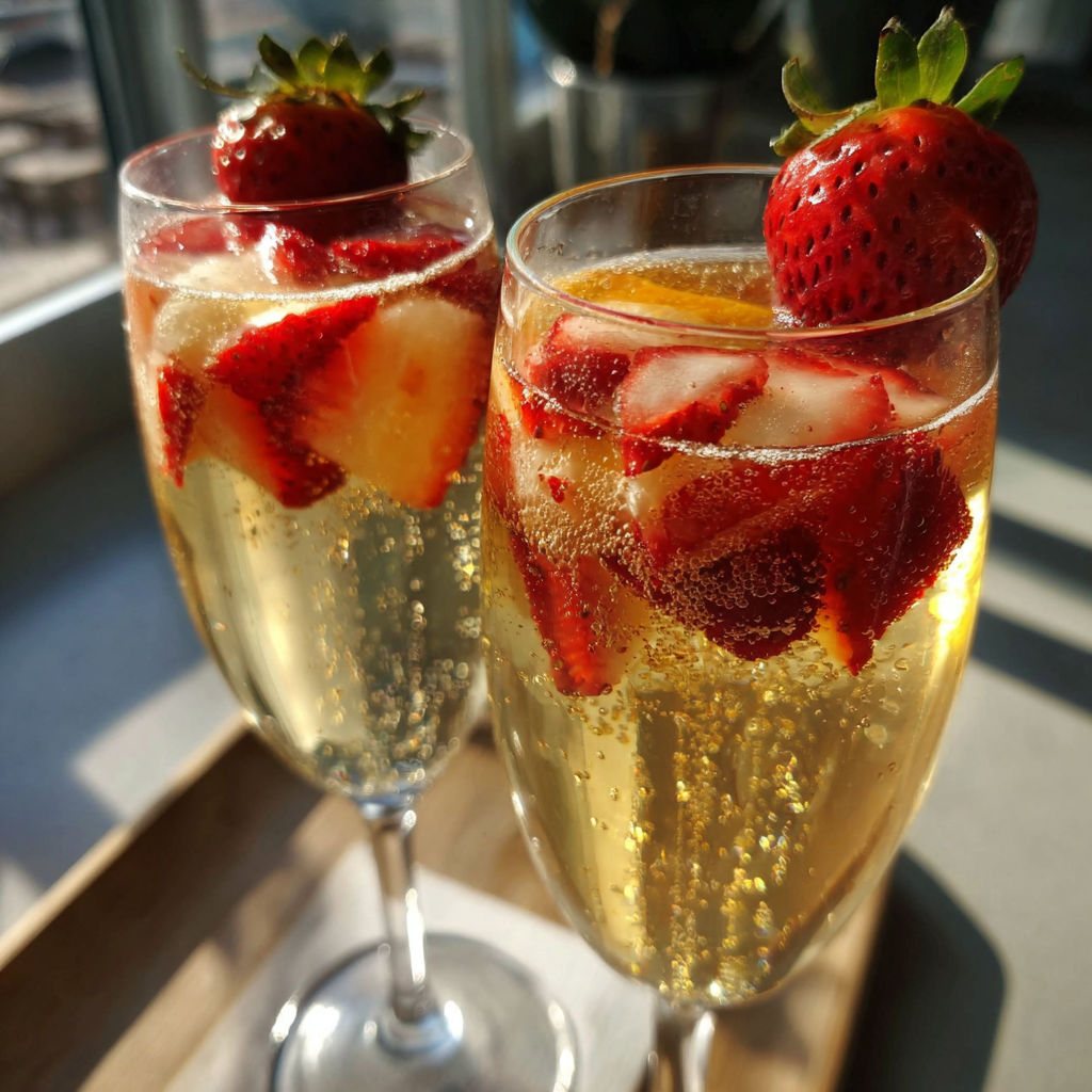 Two glasses of champagne with strawberries in them.