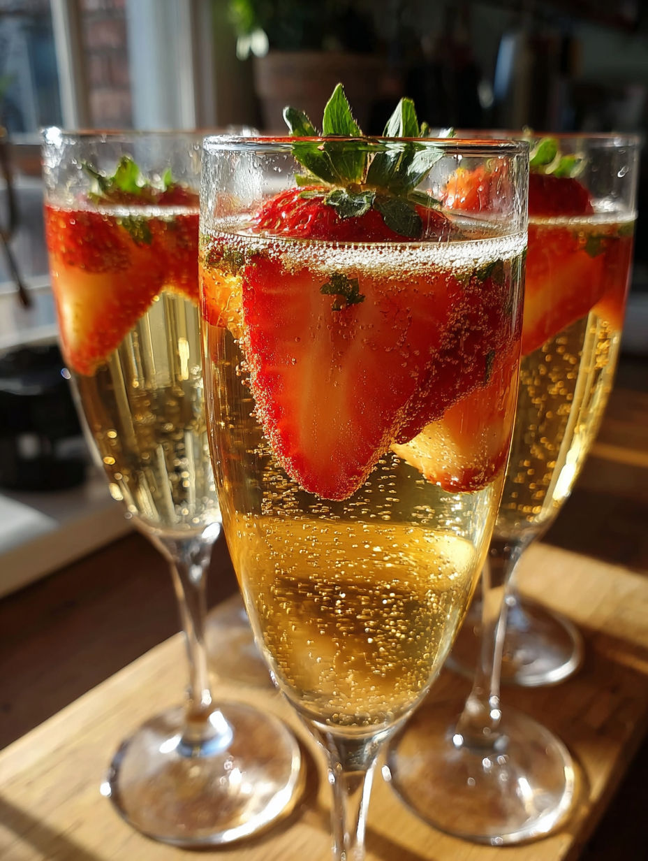 Three glasses of champagne with strawberries in them.