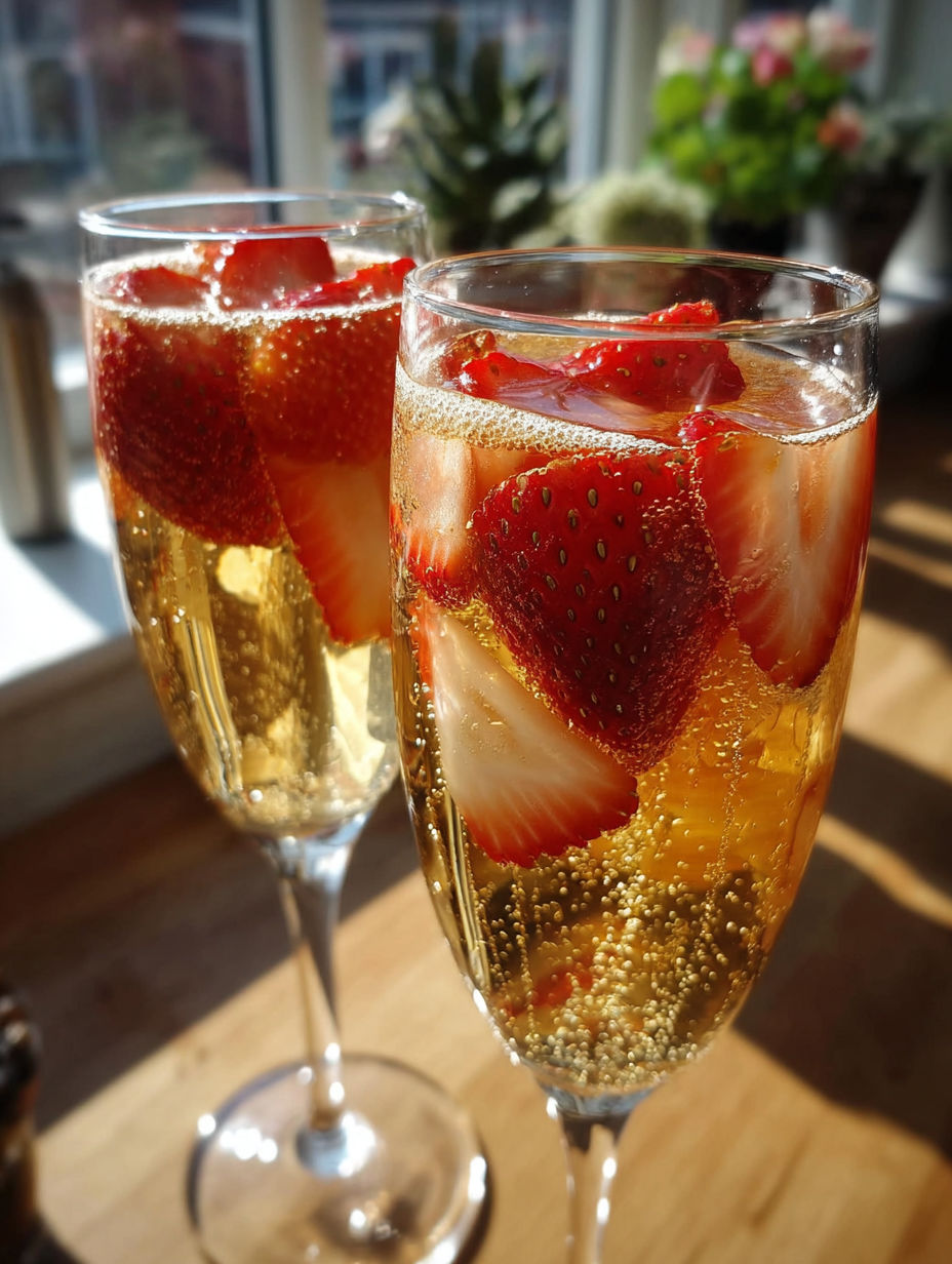 Two glasses of champagne with strawberries in them.