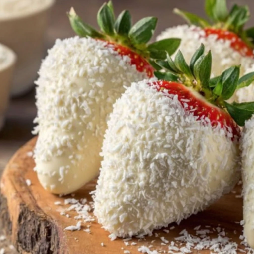 White chocolate dipped strawberries rolled in coconut.