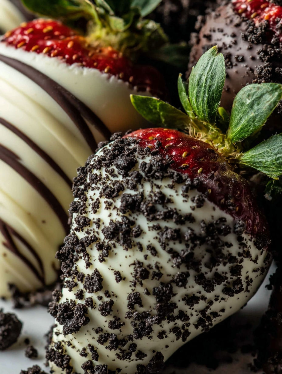 A chocolate dessert with white cream and strawberries.