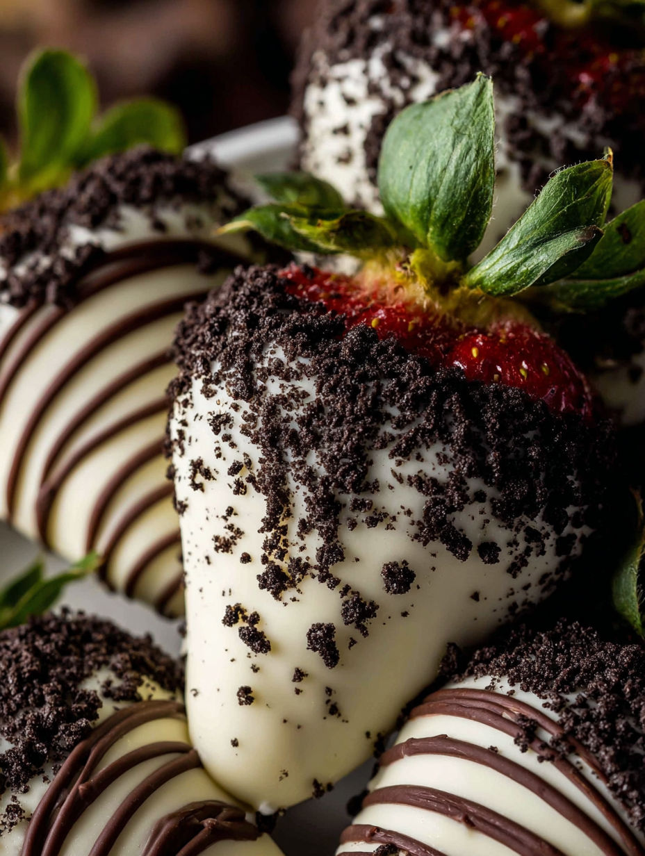 A plate of cookies and cream chocolate strawberries.