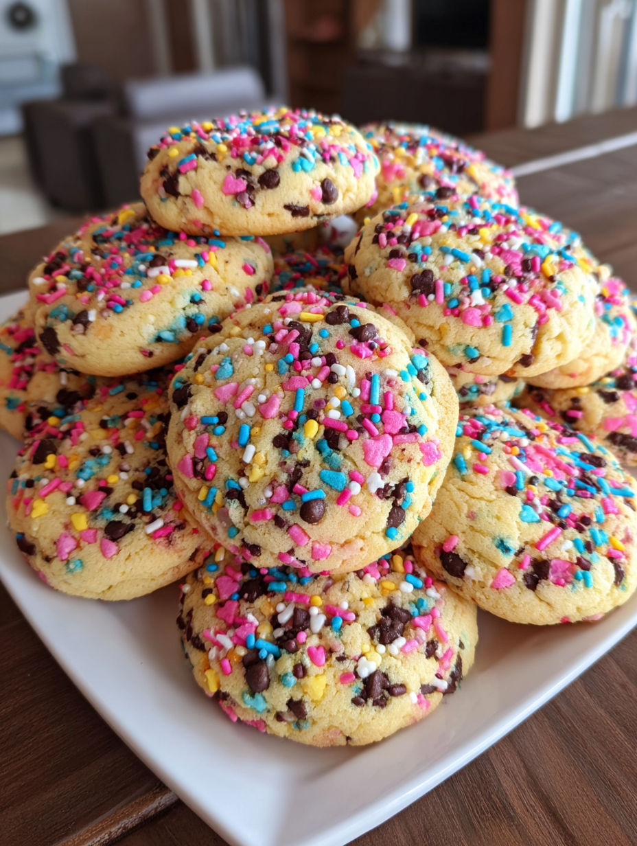 A plate of colorful cookies with chocolate chips and sprinkles.