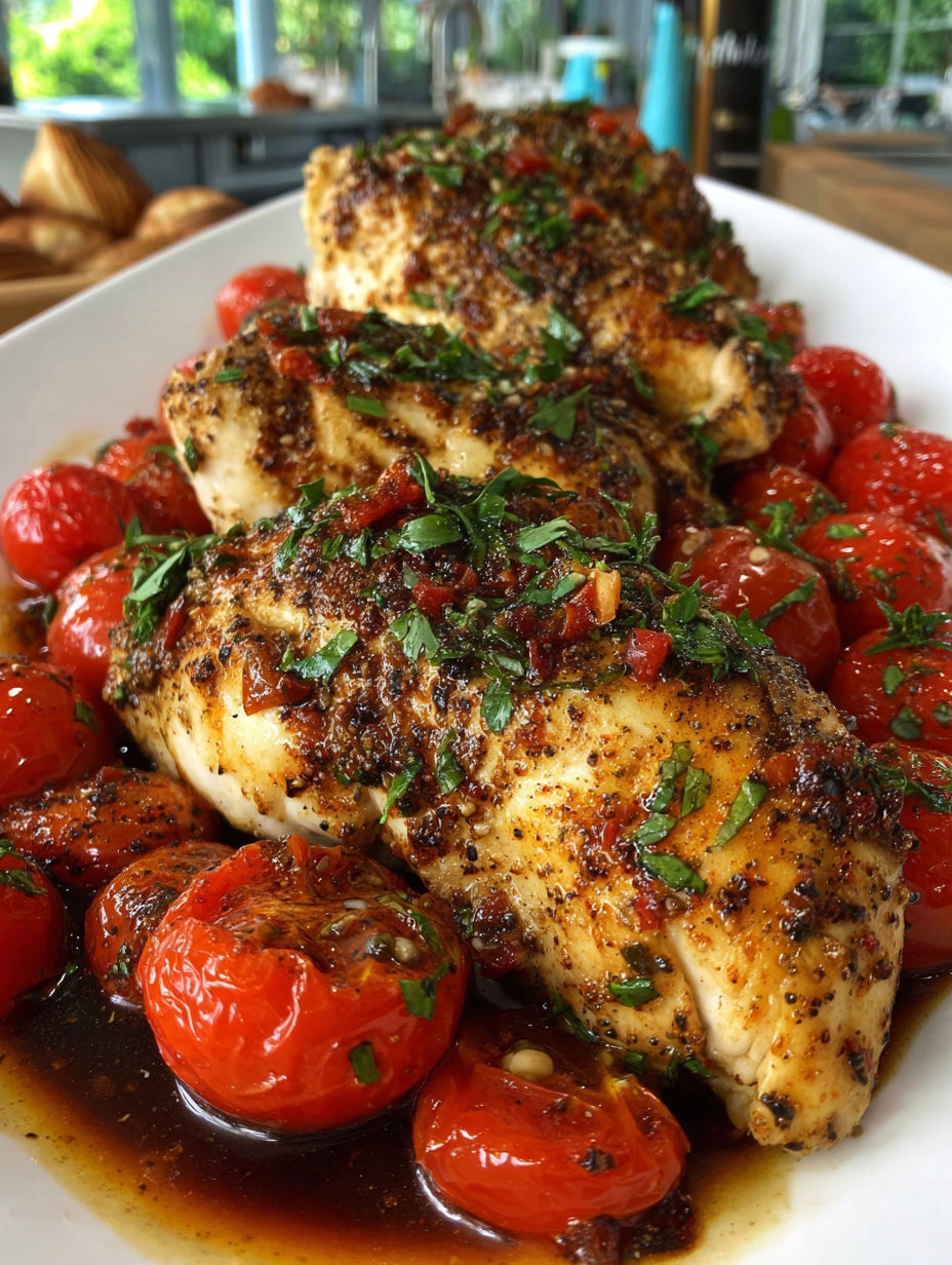 A plate of chicken and tomatoes.