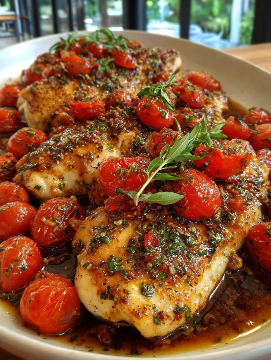 A plate of chicken with tomatoes and herbs.