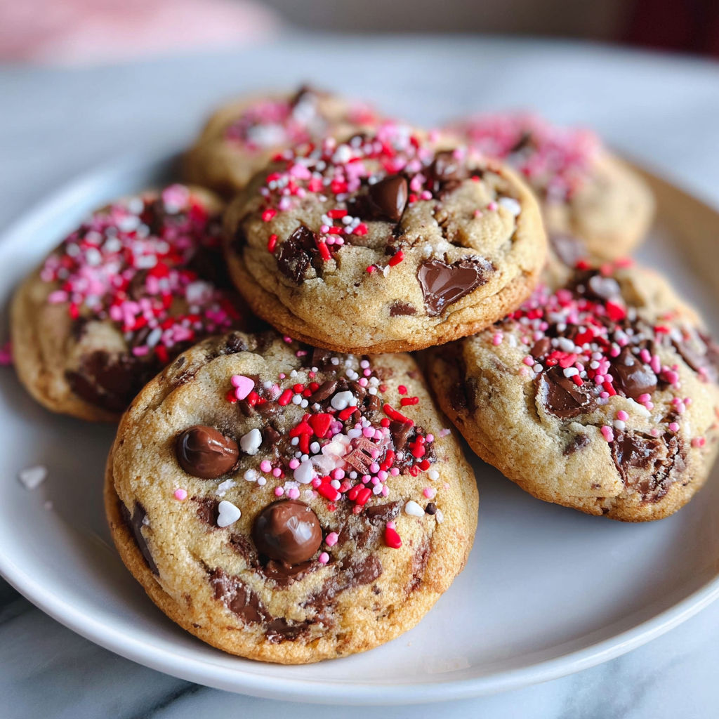 A plate of chocolate chip cookies with red sprinkles.