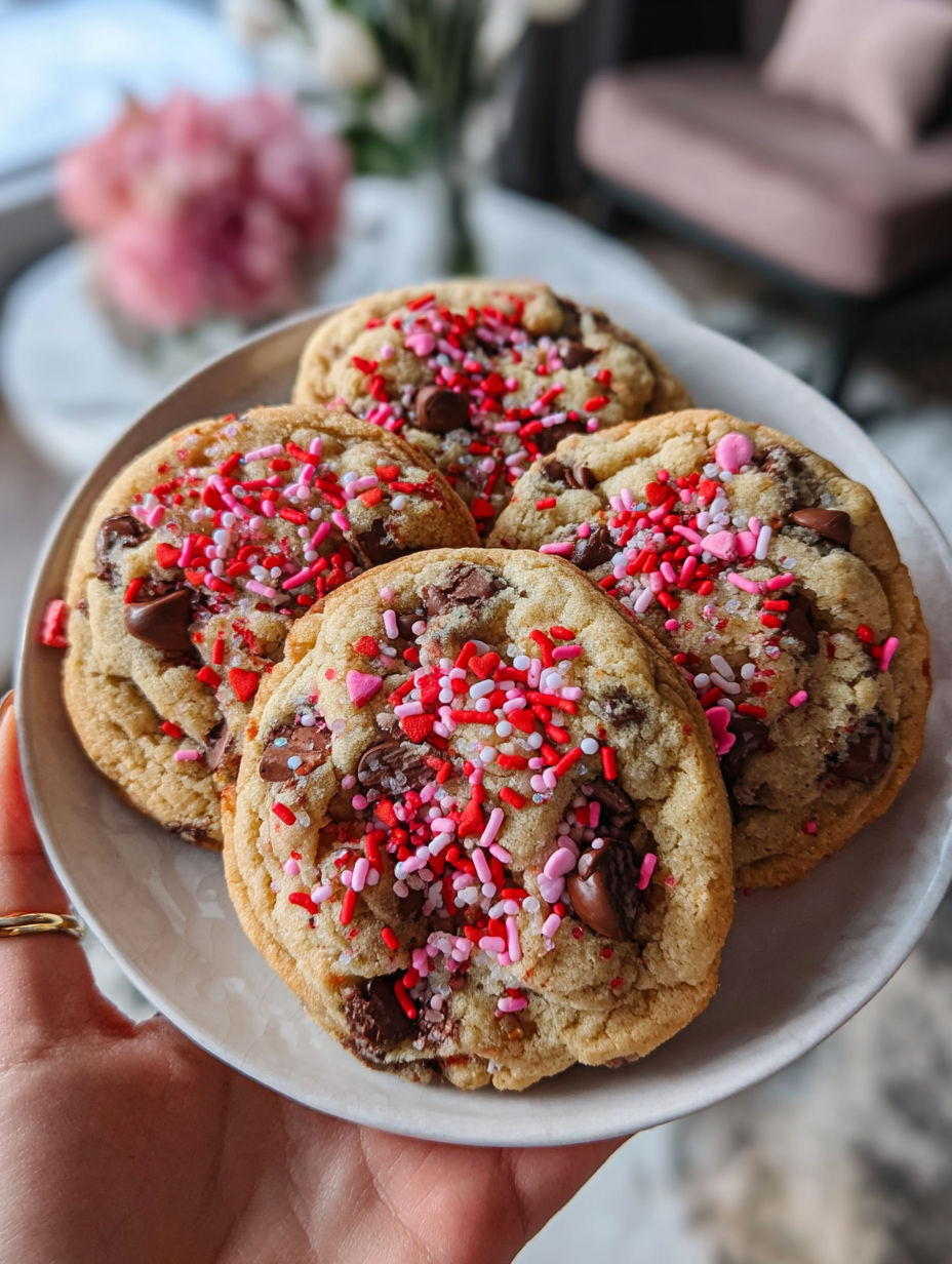 A plate of cookies with red hearts on them.
