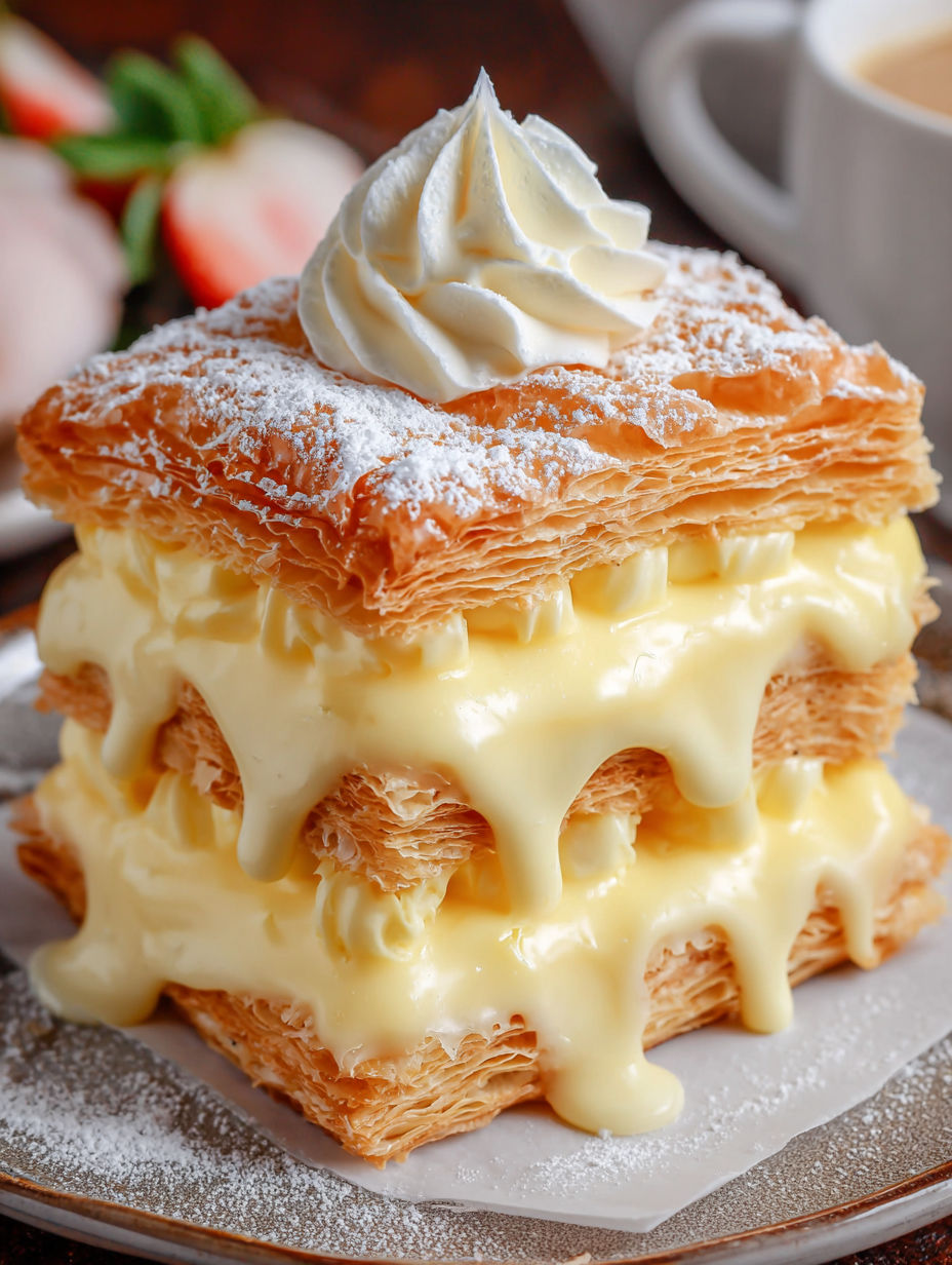 A stack of mini Napoleon pastries with whipped cream on top.