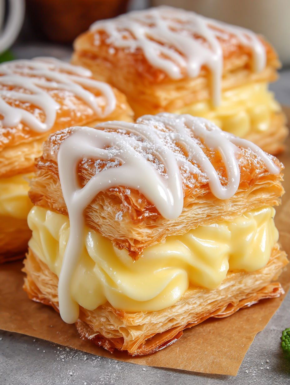 Two mini Napoleon pastries with powdered sugar on top.