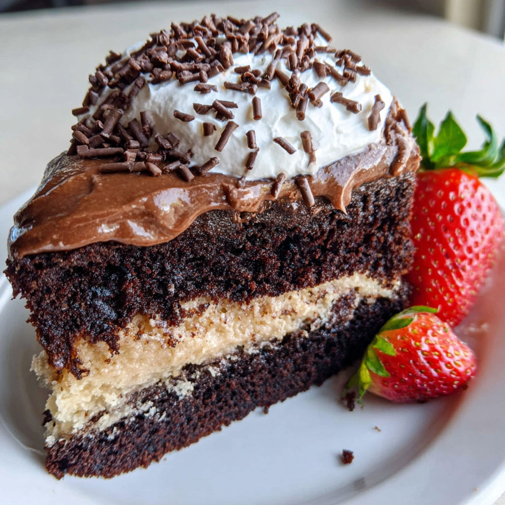 A slice of chocolate cake with white frosting and chocolate sprinkles.
