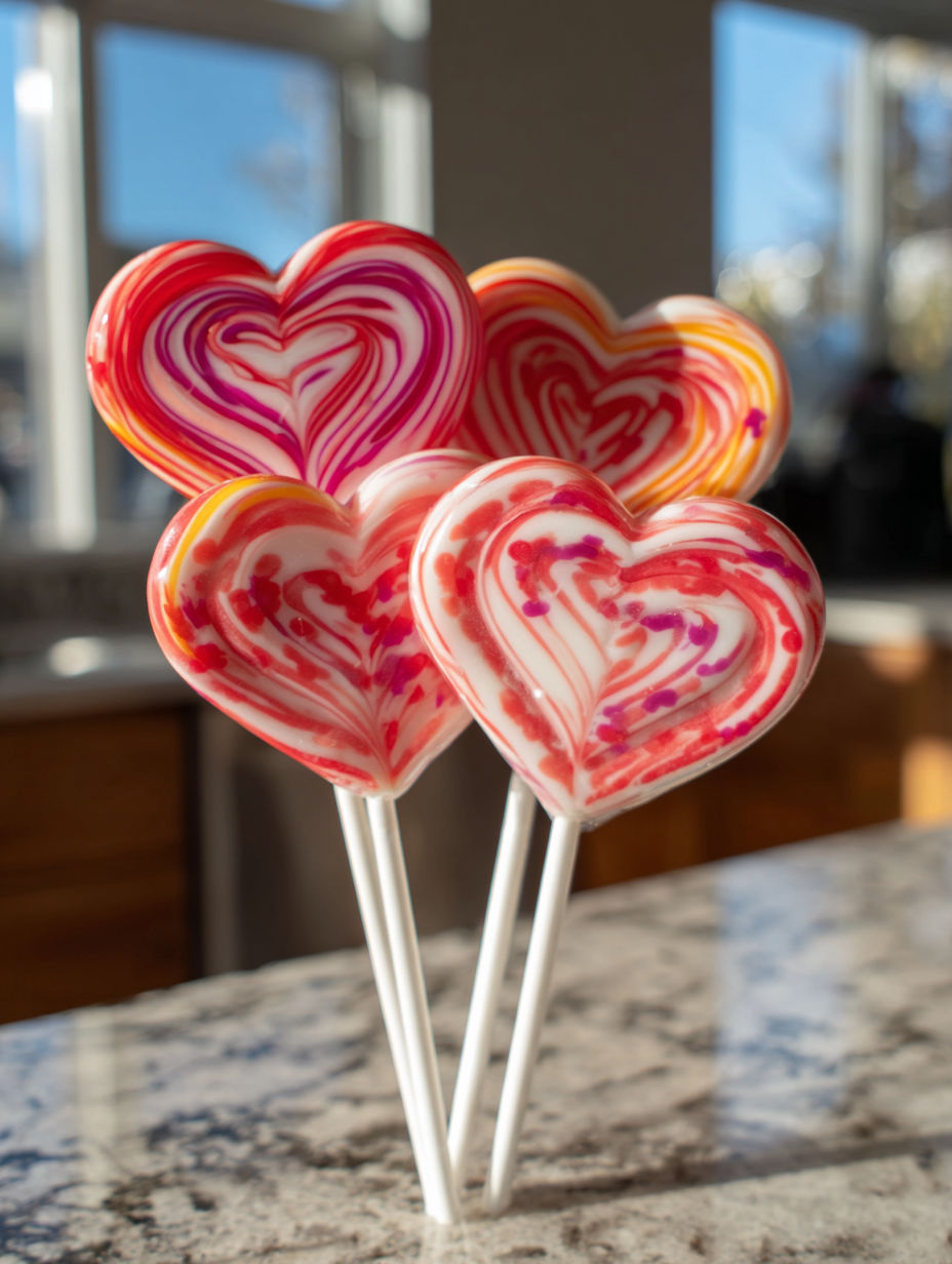 A heart shaped lollipop on a stick.