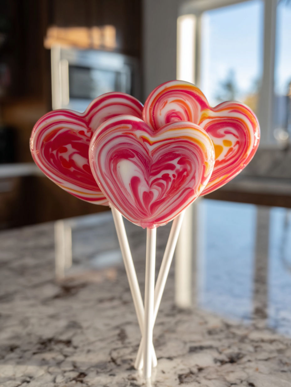 Two heart shaped lollipops on a counter.