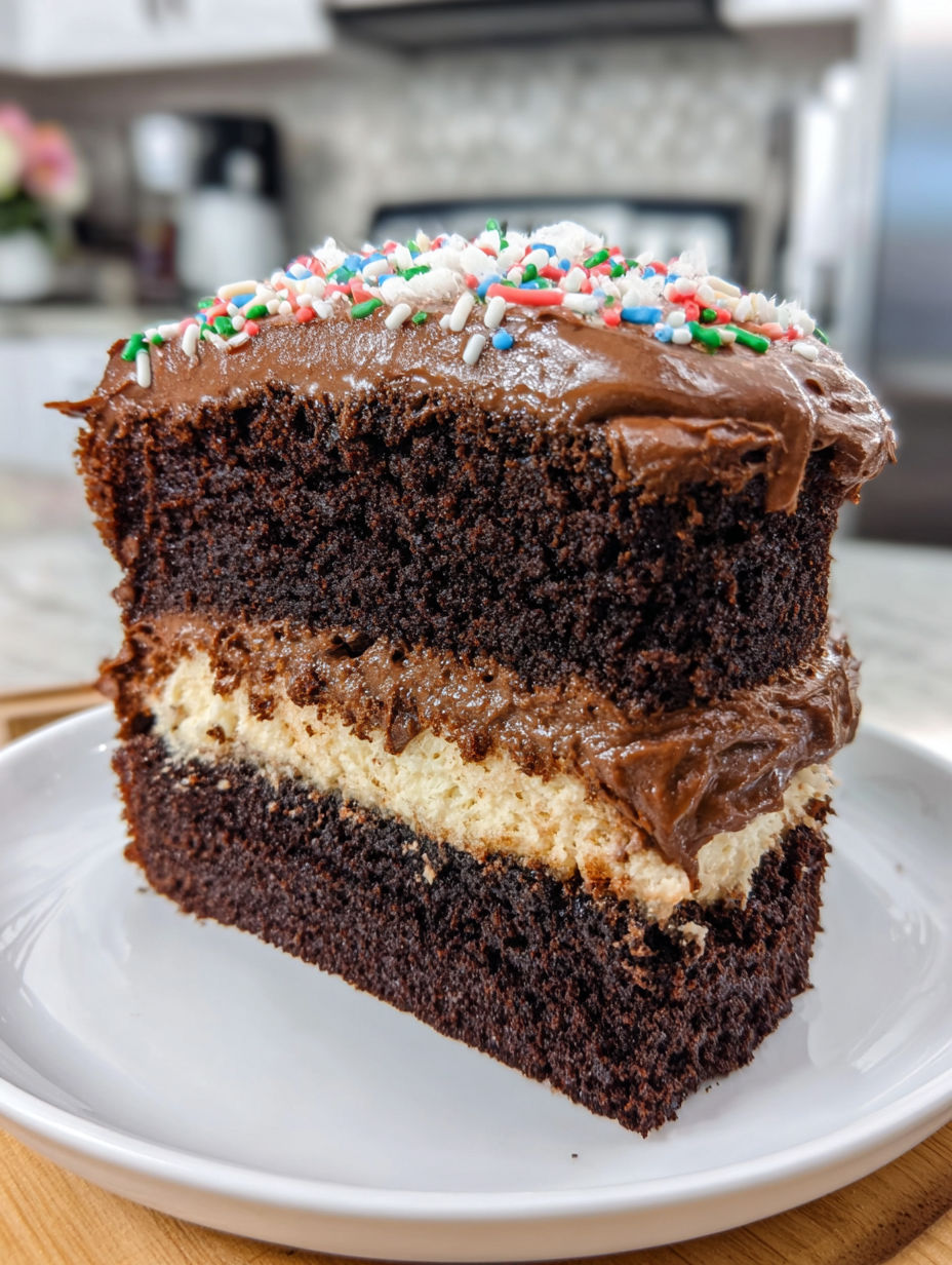 A chocolate cake with white frosting and sprinkles.