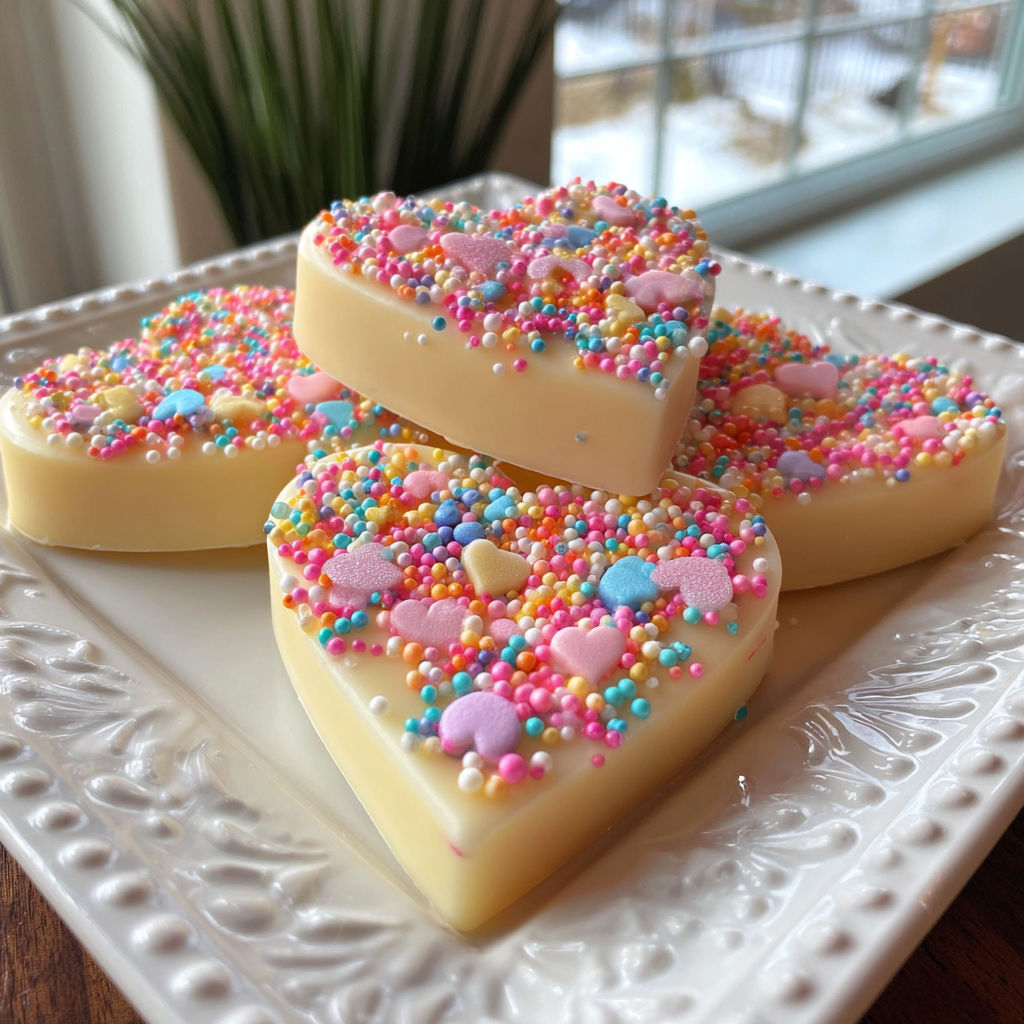 Three heart-shaped cakes with sprinkles on a plate.